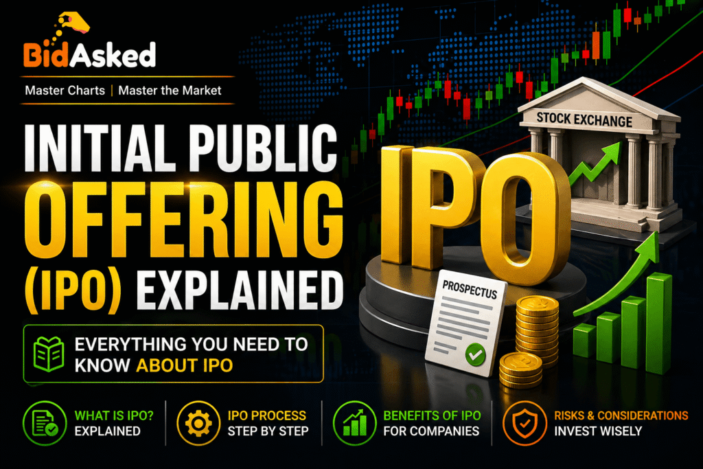 Initial Public Offering explained with stock market listing and share distribution