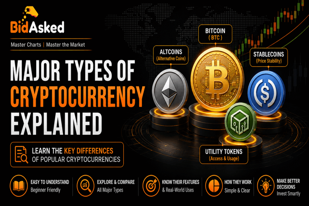 Infographic of major cryptocurrency types such as Bitcoin, altcoins, stablecoins, utility tokens, and meme coins
